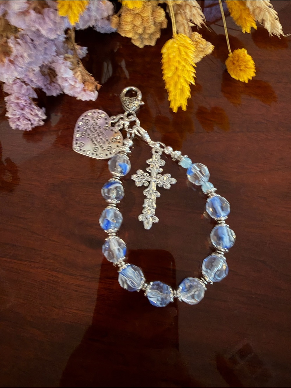 NEW Silver Cross and NURSE Heart Charm Blue Beaded Handbag Accessory